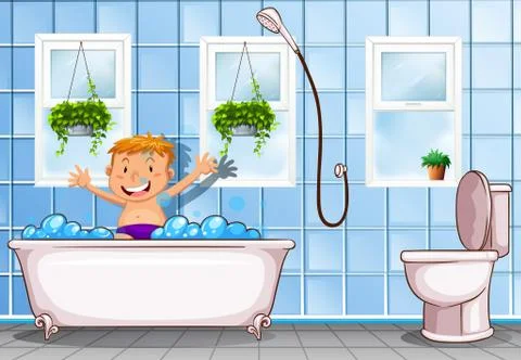 Boy taking a bath in bathroom Stock Illustration