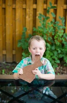 Boy Taking a Bite Out of a Chocolate Bunny Stock Photos