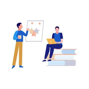 Boy talking to boy working on laptop. Stock Illustration