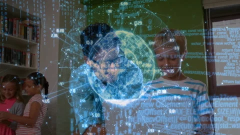 Boy tapping keyboard causing holographic globe expanding education data lines Stock Footage 313355034