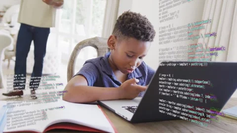 Boy tapping phone, causing code text scrolling across laptop, parent walking Stock Footage 333790046