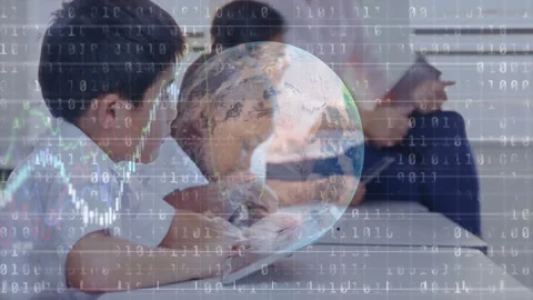Boy tapping tablet activating globe and binary code graph, mother managing Stock Footage 312360687
