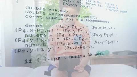 Boy tapping tablet and exploring IT code overlays showing HTTP request computing Stock Footage 319872018