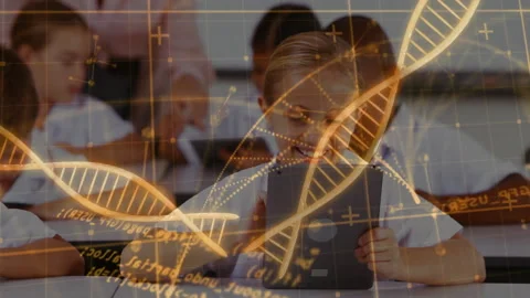 Boy tapping tablet in classroom, causing animated DNA helix pulsing to Stock Footage 312116227