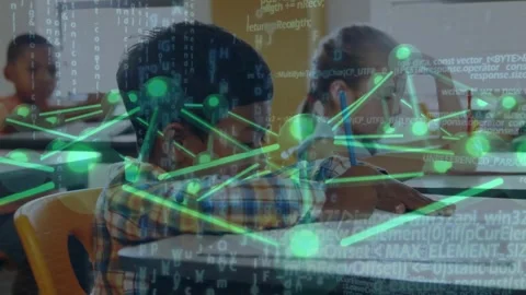 Boy tapping tablet screen and girl moving stylus initiating network overlay for Stock Footage 317227746