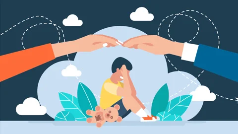 A boy with a teddy bear in hands sits on the ground, cries. The toy plane flies Stock Footage 180061482