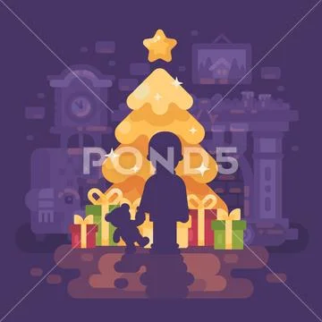 A boy with a teddy bear silhouette against a bright shining Christmas tree wi Stock Illustration