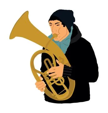 Boy tenor horn player vector illustration. Music man play wind instrument Stock Illustration