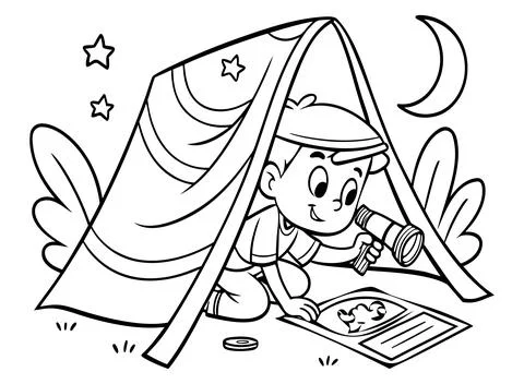 Boy in tent using telescope at night under moon and stars. Stock Illustration
