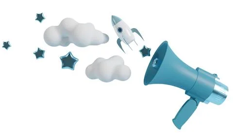 A boy theme cutout shows a megaphone in blue color. Clouds and stars surrou.. Foto stock