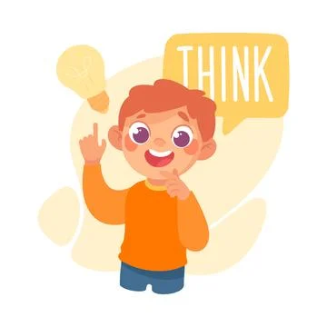 Boy Think as Verb Study with Little Kid Demonstrating Activity Vocabulary Vector Stock Illustration