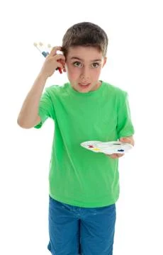 Boy thinking what to paint Stock Photos