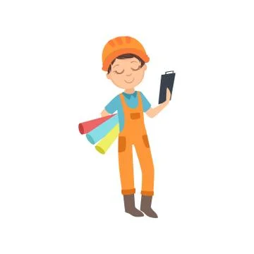 Boy With Three Wallpaper Rolls And A Checklist, Kid Dressed As Builder On The Stock Illustration
