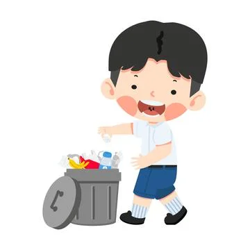Boy throwing garbage into a trash can Stock Illustration