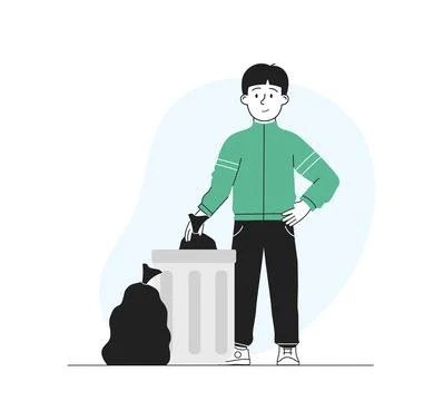Boy throwing out trash. Child throws black bags of trash into trash. Kid with Stock Illustration