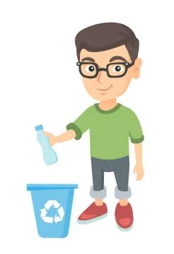Boy throwing plastic bottle in recycle bin. Stock Illustration