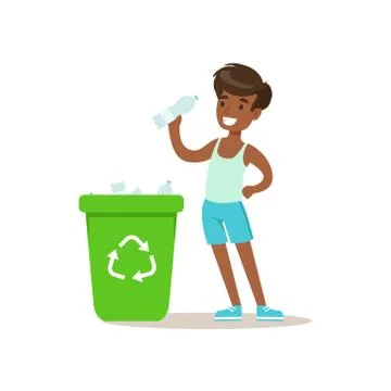Boy Throwing Recycle Plastic Botlles In Trash Bin Helping In Eco-Friendly Stock Illustration