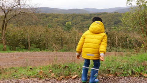Boy throwing stones, having fun in the countryside in winter Stock Footage 142770824