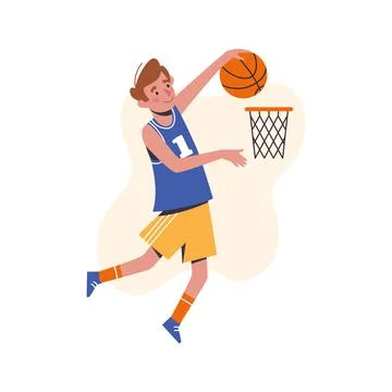 The boy throws a basketball into the basket. Flat design concept with cute kid Stock Illustration