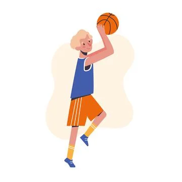 The boy throws a basketball. Flat design concept with cute kid playing Stock Illustration