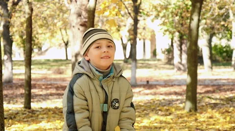 Boy throws fallen leaves in autumn park, slow motion 3 Vídeo Stock 64902129