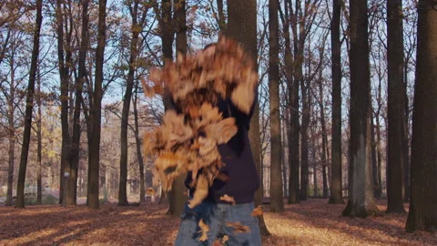 The boy throws yellow fallen leaves and rejoices. Stock Footage 134675550