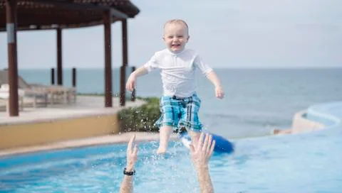 Boy Toddler Playing at Pool in Punta Mita, Mexico Stock Photos