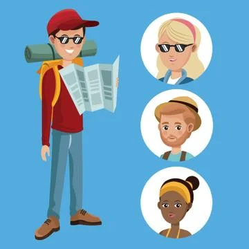 Boy tourist read map guide with group girls Illustrazione stock