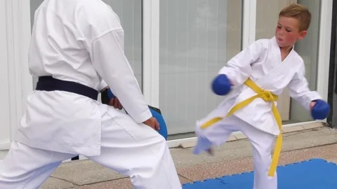Boy training a circular kick on a blue simulator to the lower level Stock Footage 159619001