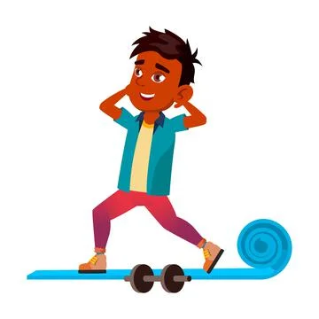 Boy Training Sport Exercise In School Gym Vector Stock Illustration