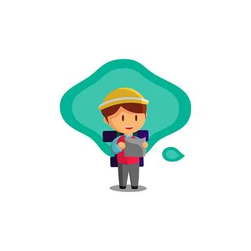 Boy is traveling while looking at the map. Character Vector Illustration on t Stock-Illustration
