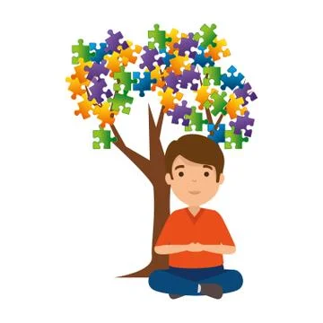 Boy with tree puzzle attached Stock Illustration