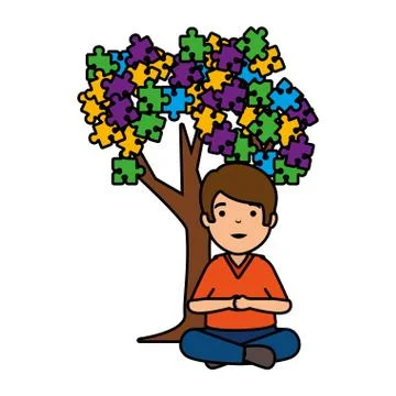 Boy with tree puzzle attached Illustrazione stock