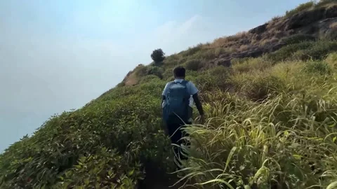 Boy Trekking on Mountain with Backpack Surrounded by Fields Stock Footage 287750948