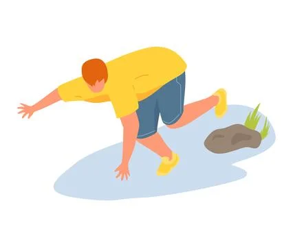 Boy tripping over a rock while playing outside, cartoon child in casual clothes Ilustración de archivo
