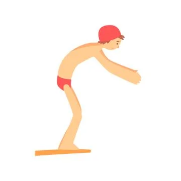 Boy in trunks and silicone cap on starting block at the swimming pool Stock Illustration