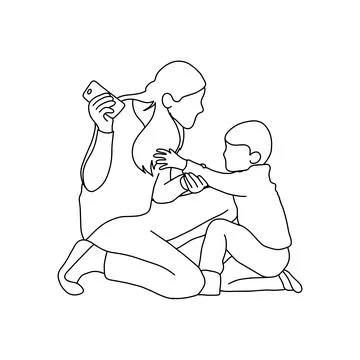 Boy trying to take mobile phone from his mother vector illustration outline s Stock Illustration