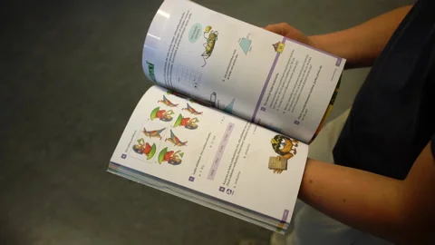 Boy turns pages of a maths textbook in a school corridor Stock Footage 236119160