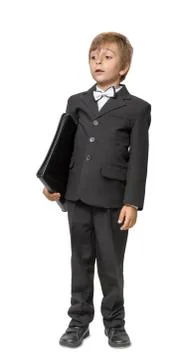 Boy in a tuxedo with a folder in hands. isolate on white background Stock Photos