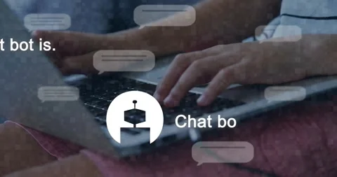 Boy typing on lap laptop, typing query causing chat bubbles and robot explaining Stock Footage 331165784