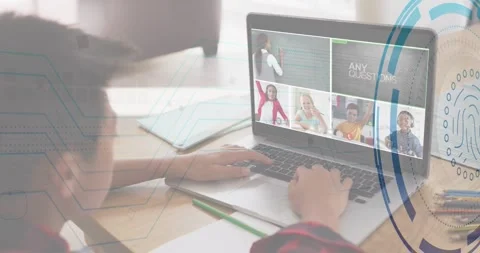 Boy typing on laptop while teacher chalk writing, animating e-learning lines Stock Footage 320210086
