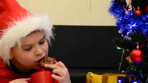 Boy under Christmas tree at home drink hot chocolate open presents 動画素材 166552740