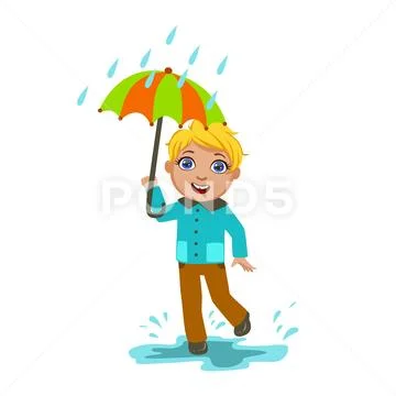 Boy Under Raindrops With Umbrella , Kid In Autumn Clothes In Fall Season Stock Illustration