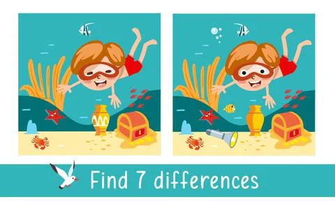 Boy underwater with marine life. Find 7 differences. Game for children. Activity Illustrazione stock