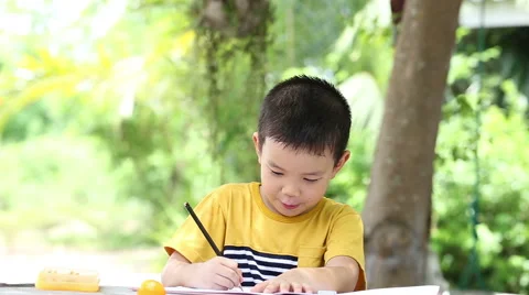 Boy use pencil writing on notebook for writing book Stock Footage 51301081
