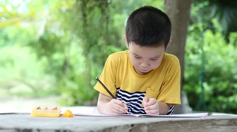 Boy use pencil writing on notebook for writing book Stock Footage 51419561