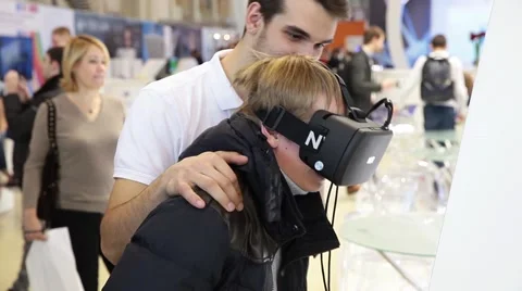 Boy uses virtual reality game development kit (virtual reality glasses) Stock Footage 61093053