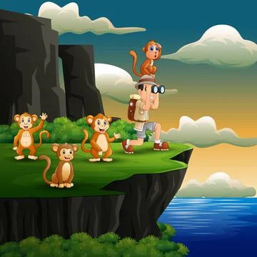Boy using binoculars with a monkeys on the cliff Stock Illustration