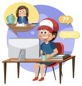 A boy using computer cartoon 스톡 일러스트