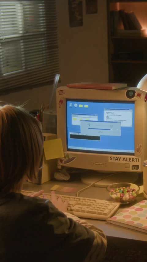Boy using Computer at Home in 90s Vertical Stock Footage 304860123